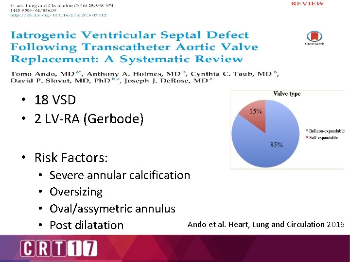  • 18 VSD • 2 LV-RA (Gerbode) • Risk Factors: • • Severe