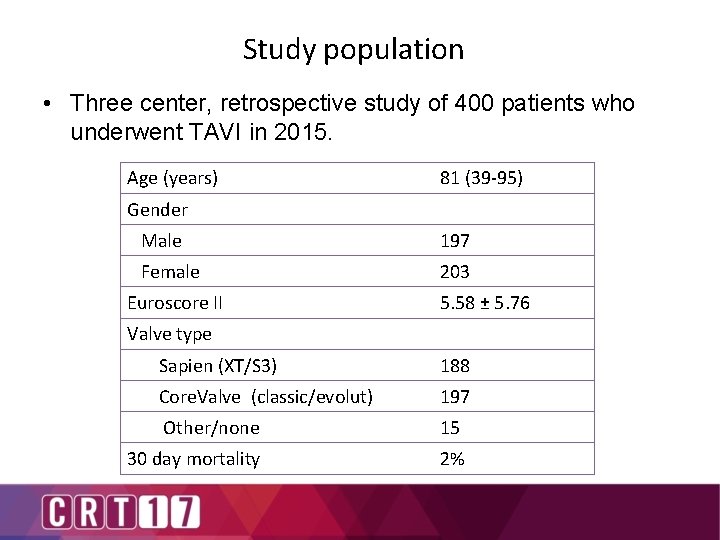 Study population • Three center, retrospective study of 400 patients who underwent TAVI in