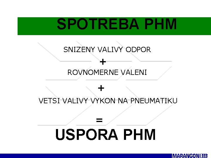 SPOTREBA PHM SNIZENY VALIVY ODPOR + ROVNOMERNE VALENI + VETSI VALIVY VYKON NA PNEUMATIKU