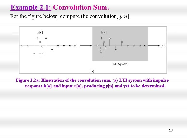 Example 2. 1: Convolution Sum. For the figure below, compute the convolution, y[n]. Figure