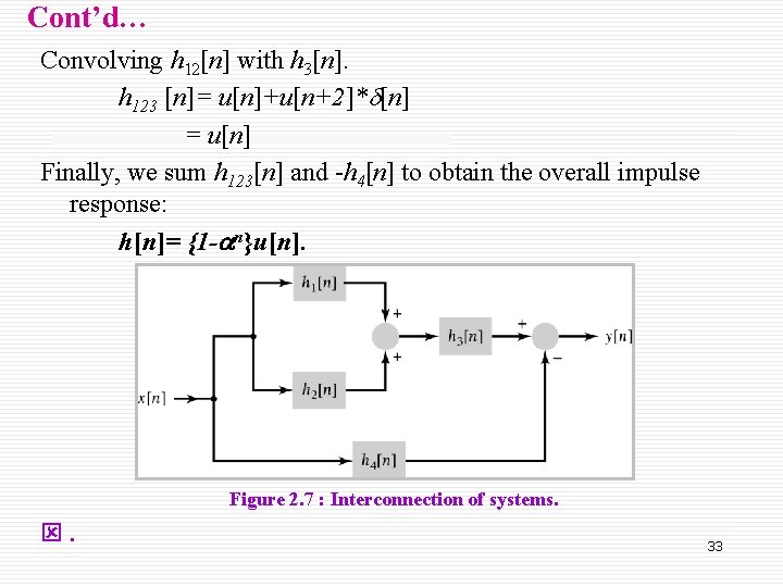 Cont’d… Convolving h 12[n] with h 3[n]. h 123 [n]= u[n]+u[n+2]*d[n] = u[n] Finally,