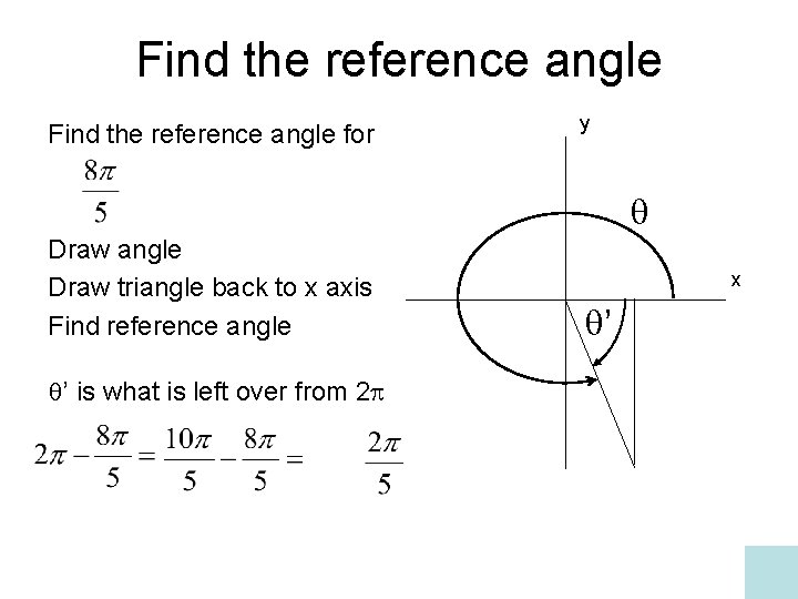 Find the reference angle for y Draw angle Draw triangle back to x axis