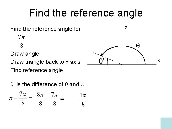 Find the reference angle y Find the reference angle for Draw angle Draw triangle