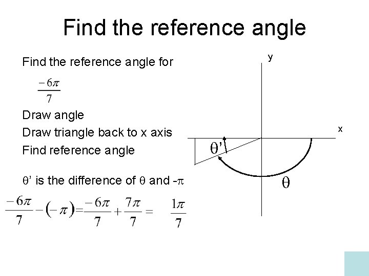 Find the reference angle y Find the reference angle for Draw angle Draw triangle