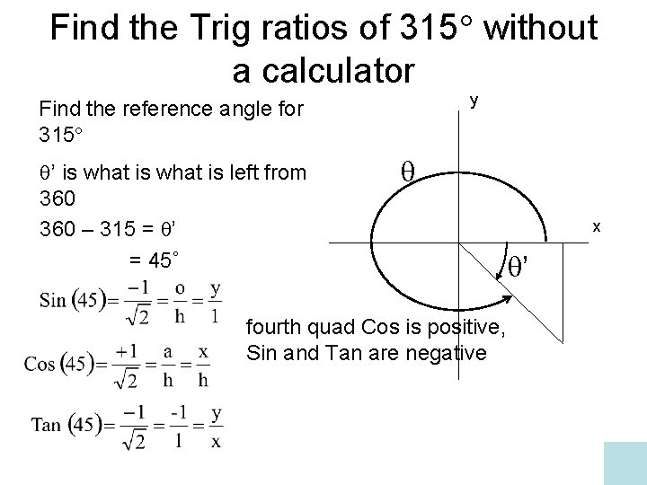 Find the Trig ratios of 315 without a calculator y Find the reference angle