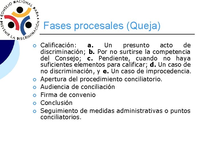 Fases procesales (Queja) ¡ ¡ ¡ Calificación: a. Un presunto acto de discriminación; b.