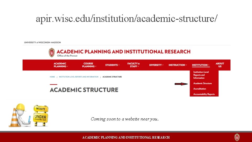 apir. wisc. edu/institution/academic-structure/ Coming soon to a website near you. ACADEMIC PLANNING AND INSTITUTIONAL