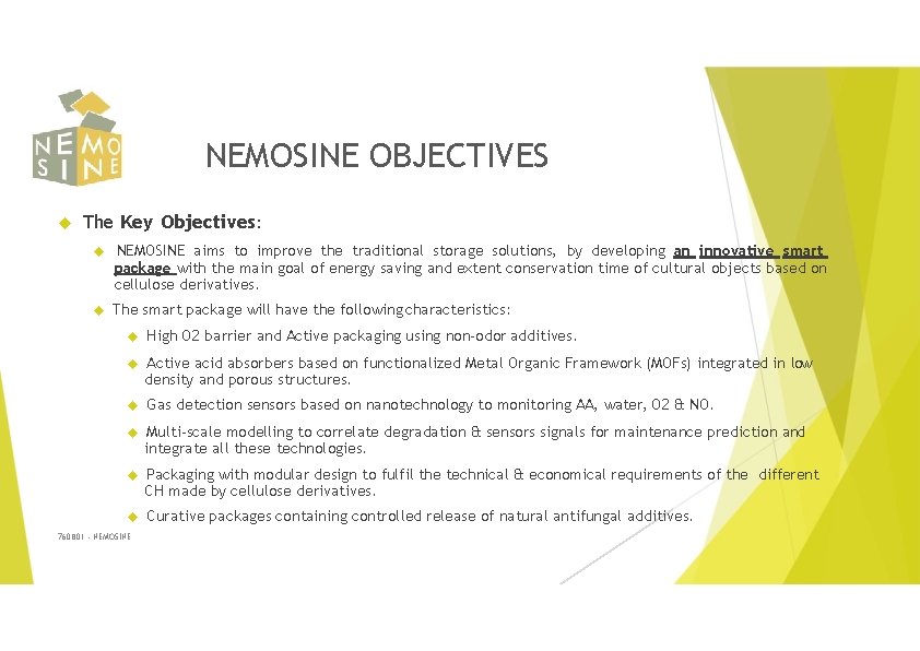 NEMOSINE OBJECTIVES The Key Objectives: NEMOSINE aims to improve the traditional storage solutions, by