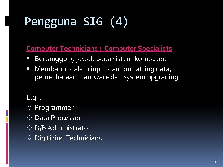 Pengguna SIG (4) Computer Technicians : Computer Specialists Bertanggung jawab pada sistem komputer. Membantu