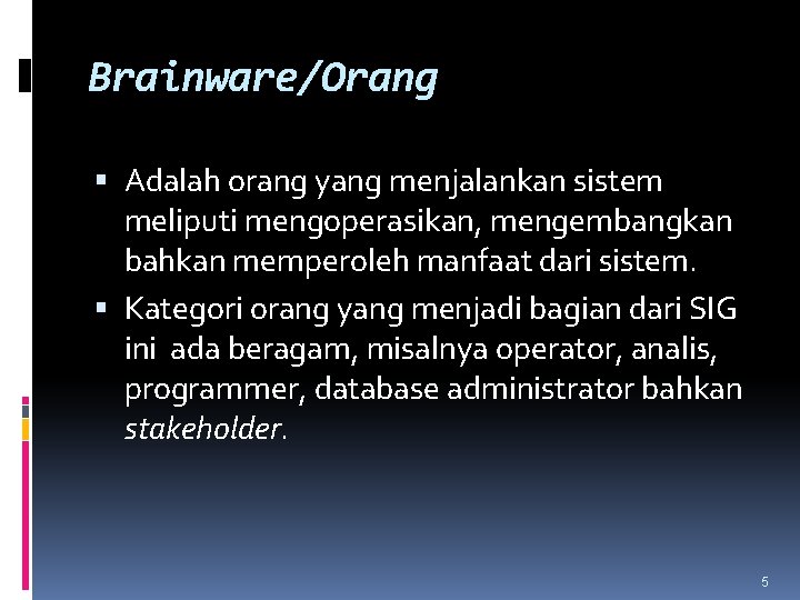Brainware/Orang Adalah orang yang menjalankan sistem meliputi mengoperasikan, mengembangkan bahkan memperoleh manfaat dari sistem.