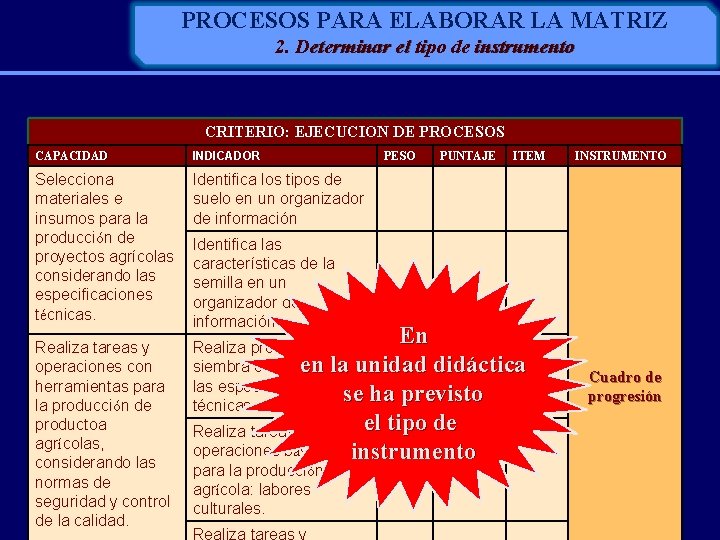 PROCESOS PARA ELABORAR LA MATRIZ 2. Determinar el tipo de instrumento CRITERIO: EJECUCION DE