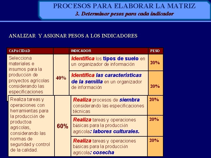 PROCESOS PARA ELABORAR LA MATRIZ 3. Determinar pesos para cada indicador ANALIZAR Y ASIGNAR
