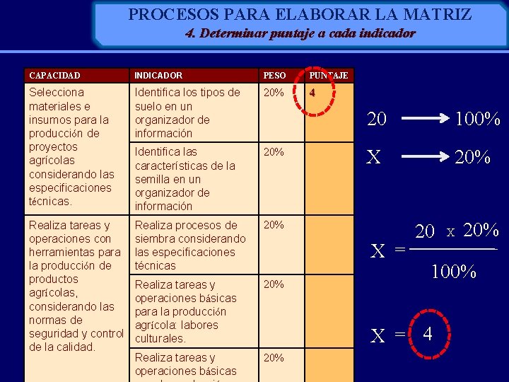 PROCESOS PARA ELABORAR LA MATRIZ 4. Determinar puntaje a cada indicador CAPACIDAD INDICADOR PESO