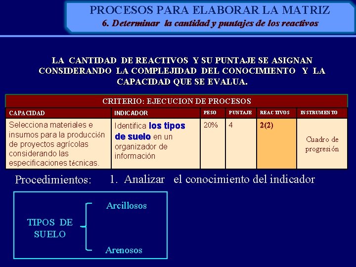 PROCESOS PARA ELABORAR LA MATRIZ 6. Determinar la cantidad y puntajes de los reactivos