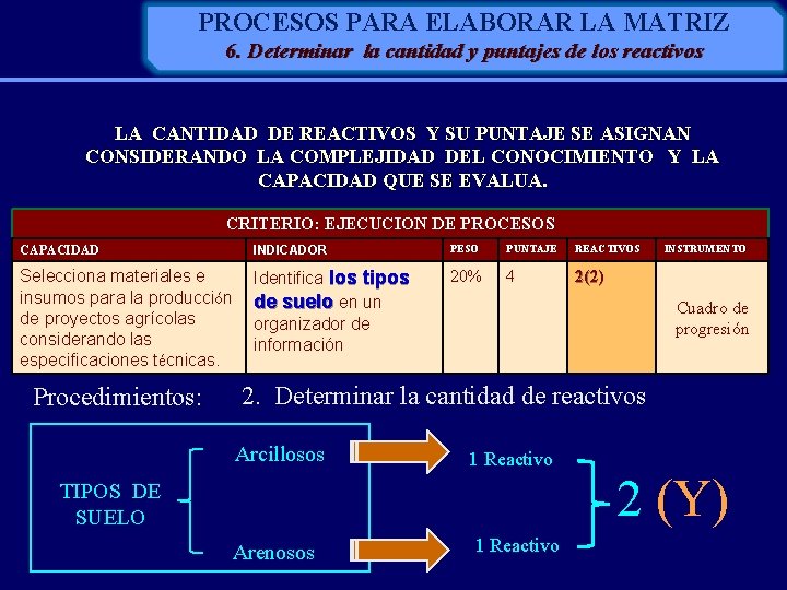 PROCESOS PARA ELABORAR LA MATRIZ 6. Determinar la cantidad y puntajes de los reactivos