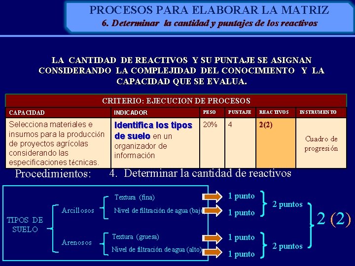 PROCESOS PARA ELABORAR LA MATRIZ 6. Determinar la cantidad y puntajes de los reactivos