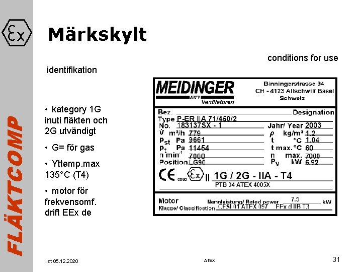 FLÄKTCOMP Märkskylt conditions for use identifikation • kategory 1 G inuti fläkten och 2