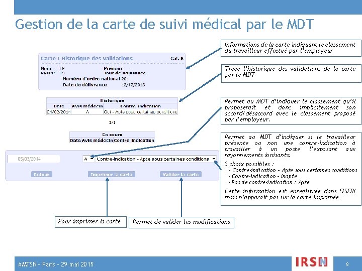 Gestion de la carte de suivi médical par le MDT Informations de la carte