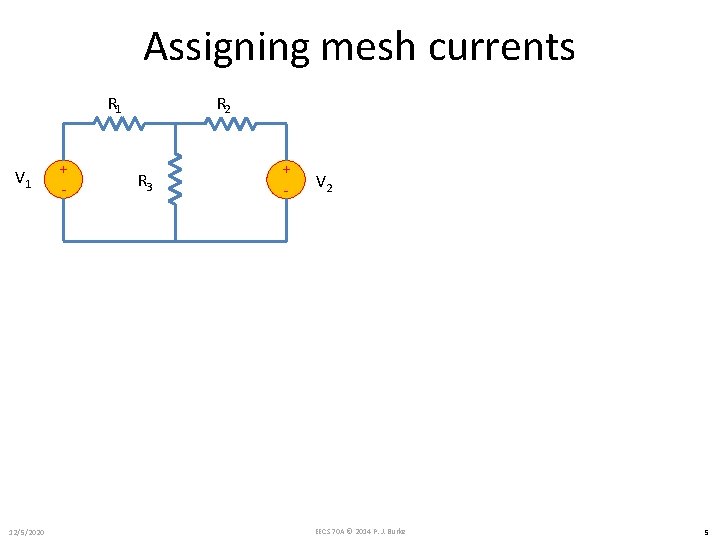 Assigning mesh currents R 1 V 1 12/5/2020 + - R 2 R 3