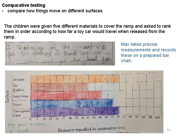 Comparative testing • compare how things move on different surfaces The children were given