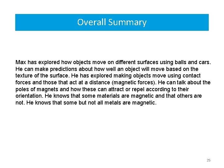 Overall Summary Max has explored how objects move on different surfaces using balls and