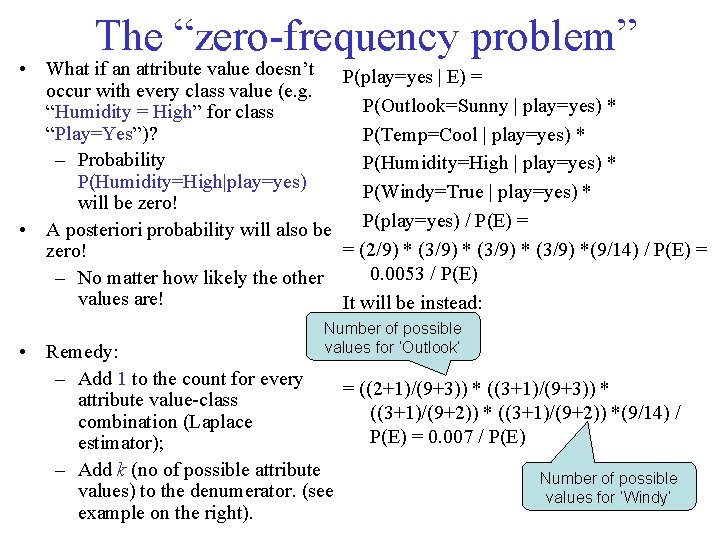 The “zero-frequency problem” • What if an attribute value doesn’t occur with every class