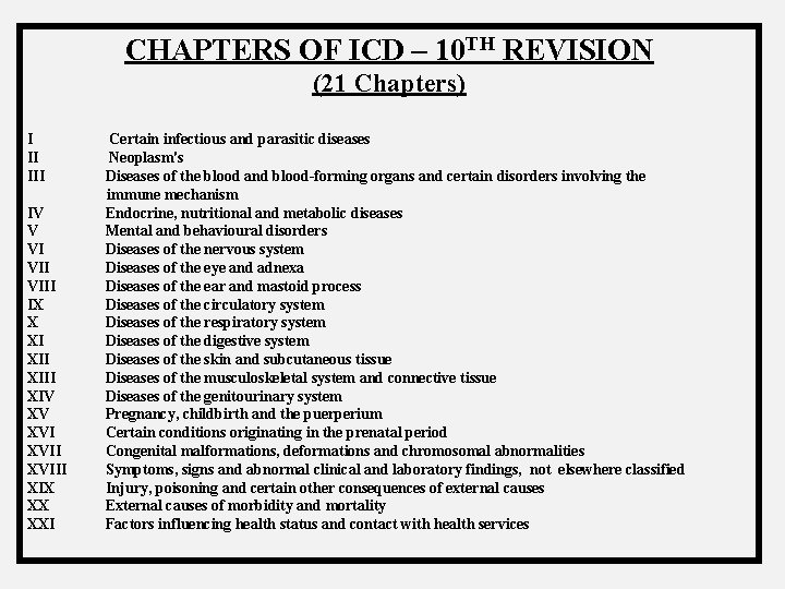 CHAPTERS OF ICD – 10 TH REVISION (21 Chapters) I II IV V VI