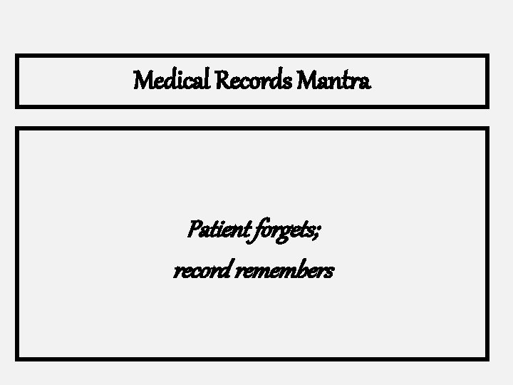 Medical Records Mantra Patient forgets; record remembers 