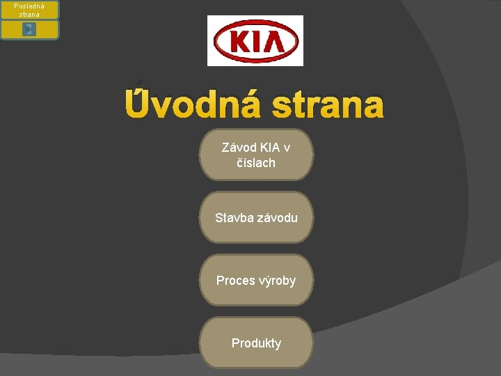 Posledná strana Úvodná strana Závod KIA v číslach Stavba závodu Proces výroby Produkty 