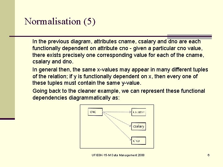 Normalisation (5) In the previous diagram, attributes cname, csalary and dno are each functionally