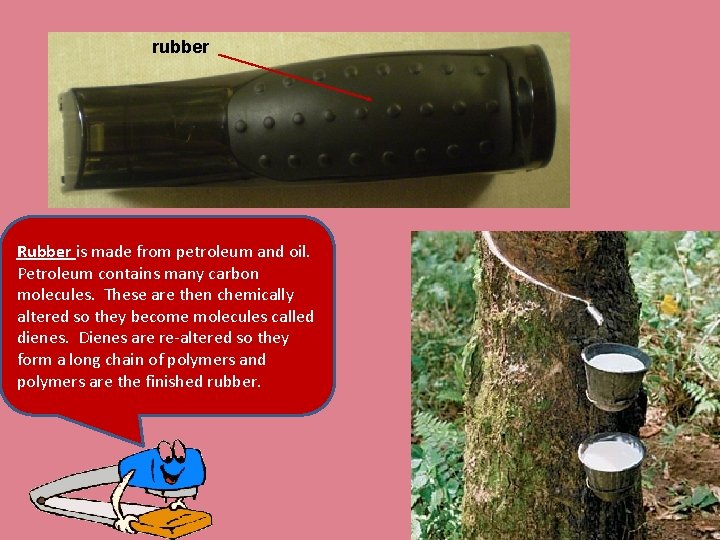 rubber Rubber is made from petroleum and oil. Petroleum contains many carbon molecules. These