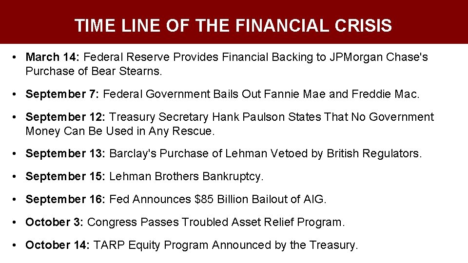 TIME LINE OF THE FINANCIAL CRISIS • March 14: Federal Reserve Provides Financial Backing