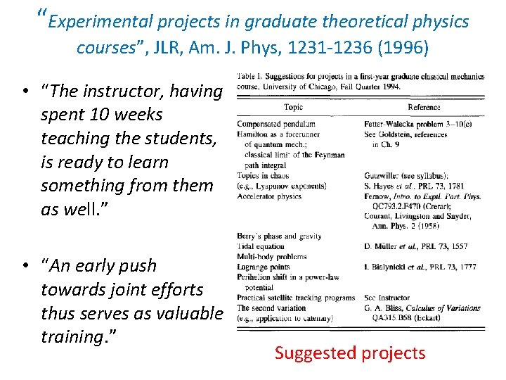 “Experimental projects in graduate theoretical physics courses”, JLR, Am. J. Phys, 1231 -1236 (1996)
