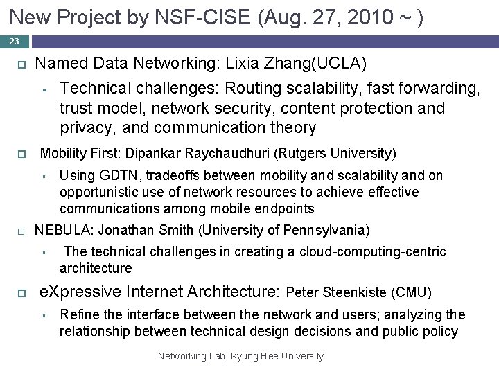 New Project by NSF-CISE (Aug. 27, 2010 ~ ) 23 Named Data Networking: Lixia