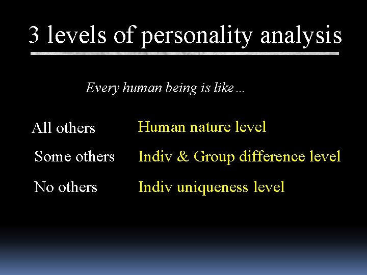 3 levels of personality analysis Every human being is like… All others Human nature