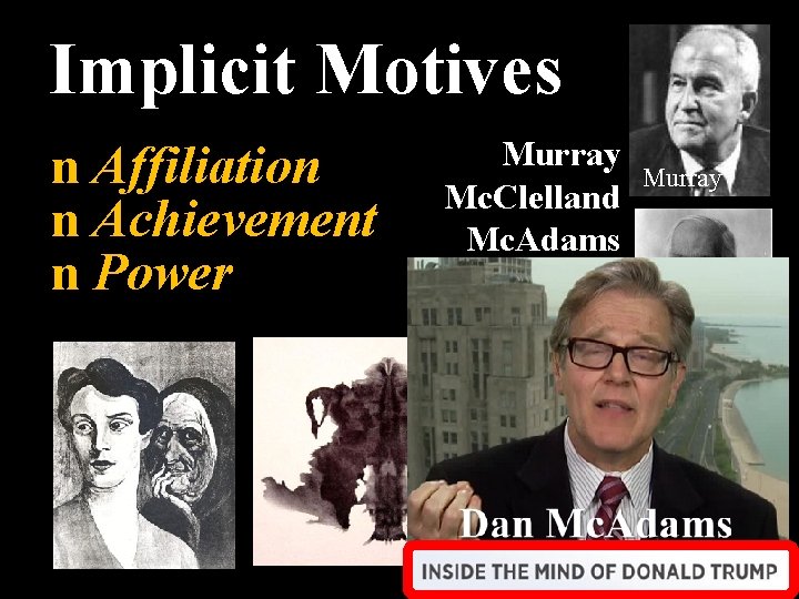 Implicit Motives n Affiliation n Achievement n Power Murray Mc. Clelland Mc. Adams Winter