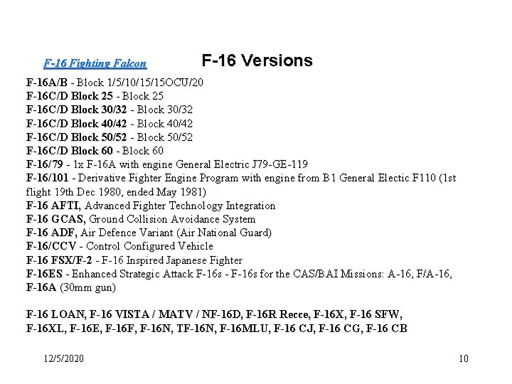 F-16 Fighting Falcon F-16 Versions F-16 A/B - Block 1/5/10/15/15 OCU/20 F-16 C/D Block