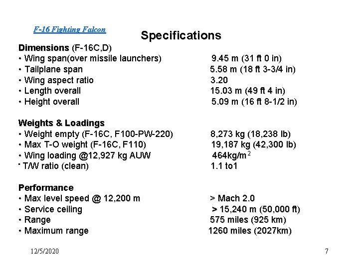 F-16 Fighting Falcon Specifications Dimensions (F-16 C, D) • Wing span(over missile launchers) •