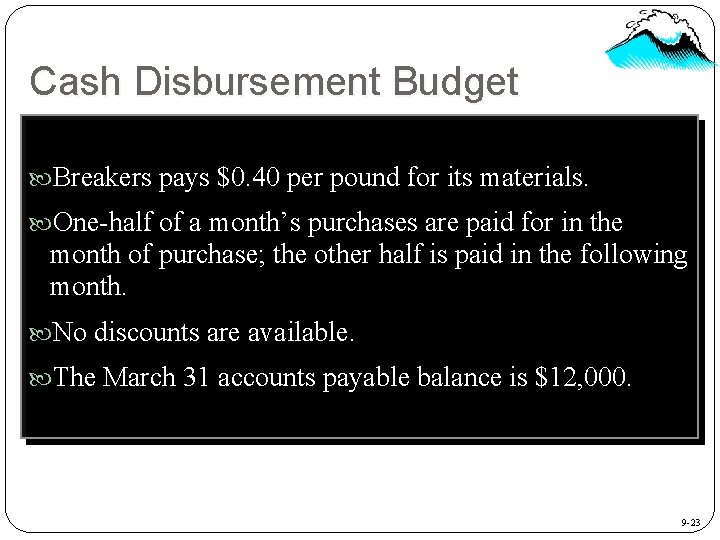 Cash Disbursement Budget Breakers pays $0. 40 per pound for its materials. One-half of