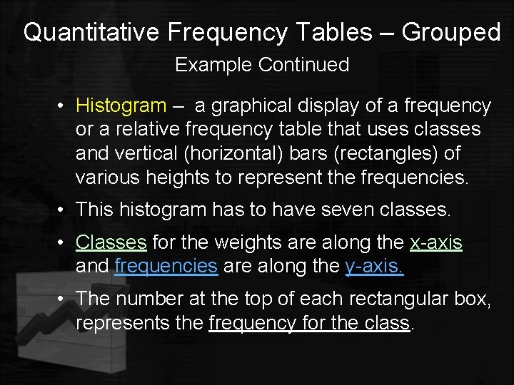 Quantitative Frequency Tables – Grouped Example Continued • Histogram – a graphical display of