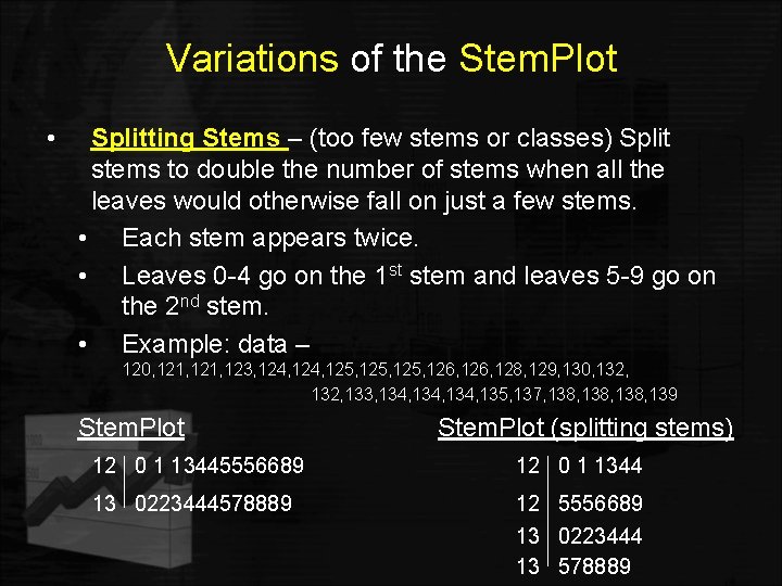 Variations of the Stem. Plot • Splitting Stems – (too few stems or classes)