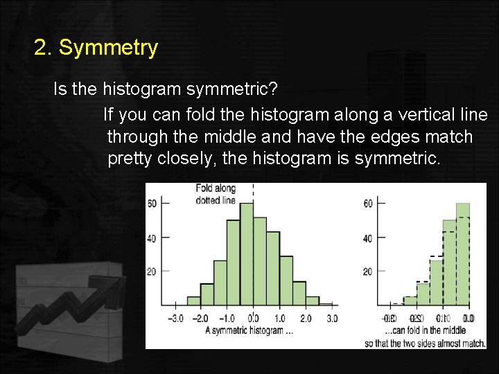 2. Symmetry Is the histogram symmetric? If you can fold the histogram along a