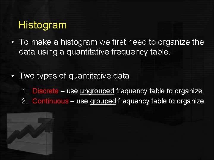 Histogram • To make a histogram we first need to organize the data using