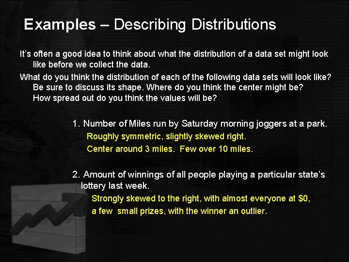 Examples – Describing Distributions It’s often a good idea to think about what the
