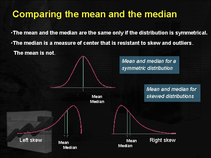 Comparing the mean and the median • The mean and the median are the