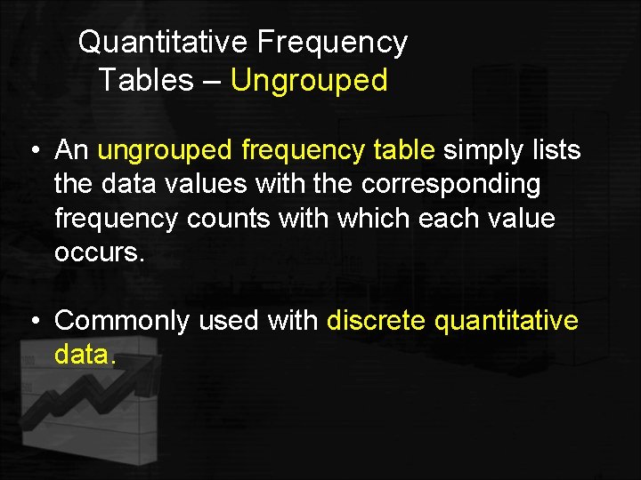 Quantitative Frequency Tables – Ungrouped • An ungrouped frequency table simply lists the data