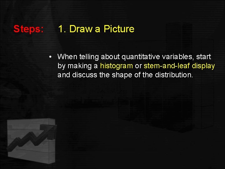 Steps: 1. Draw a Picture • When telling about quantitative variables, start by making