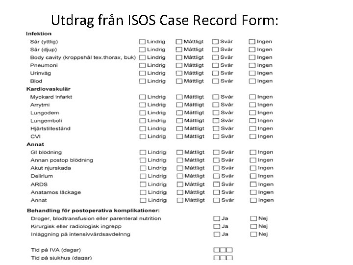 Utdrag från ISOS Case Record Form: SPOR – Postop SKR sept 2014 Magnus Iversen