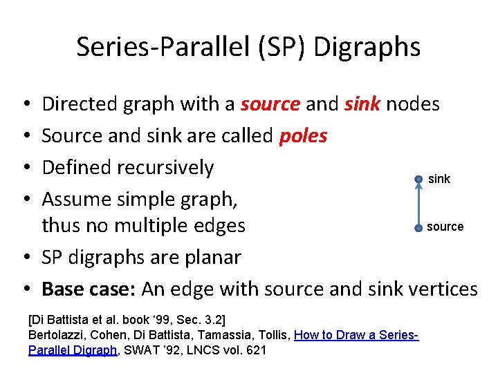 Series-Parallel (SP) Digraphs Directed graph with a source and sink nodes Source and sink