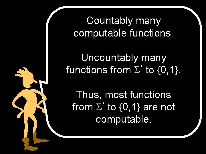 Countably many computable functions. Uncountably many functions from * to {0, 1}. Thus, most Countably many computable functions. Uncountably many functions from * to {0, 1}. Thus, most